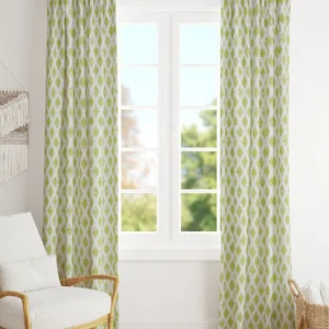White/Green Printed Cotton Eyelet Curtain