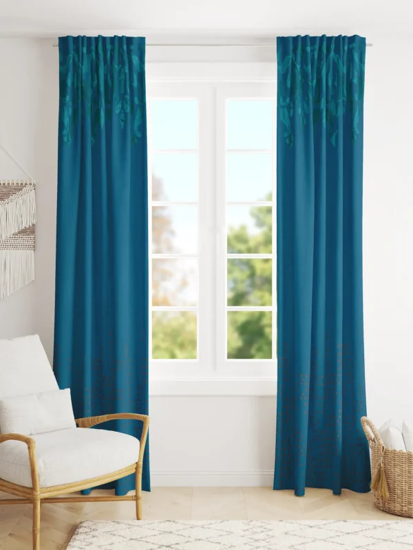 1 Teal Appliqued and Printed Cotton-Polyester Eyelet Curtain