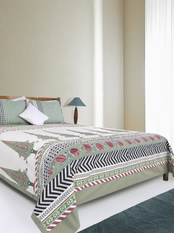 Sage Green Printed and Embroidered Cotton Bed Cover
