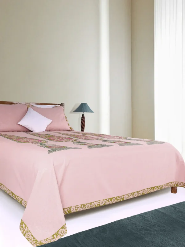 Peach Printed and Embroidered Cotton Bed Cover