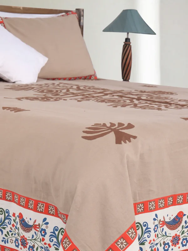 2 Brown/Beige Printed and Appliqued Cotton Bed Cover