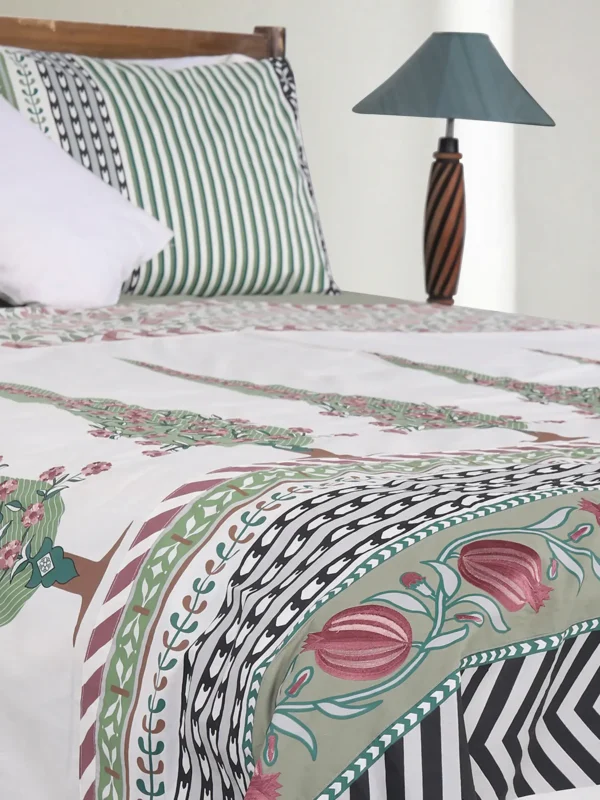 Sage Green Printed and Embroidered Cotton Bed Cover