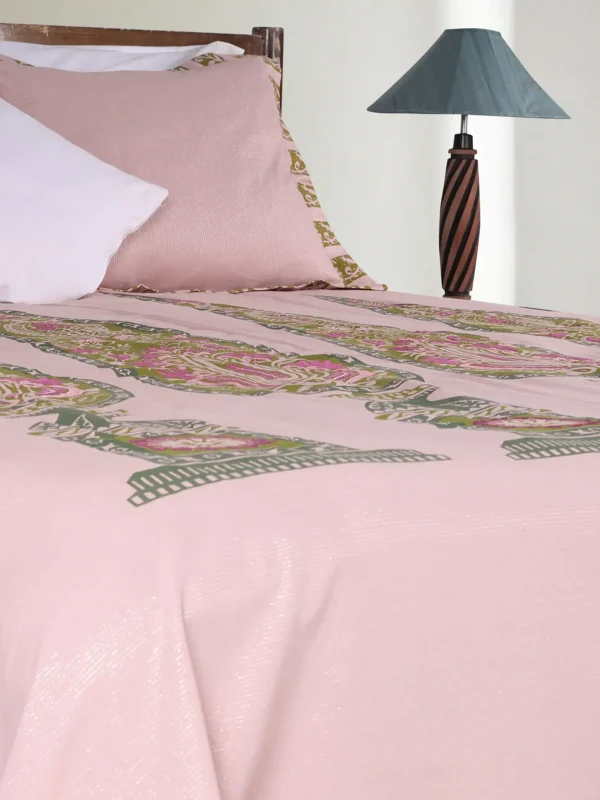 Peach Printed and Embroidered Cotton Bed Cover