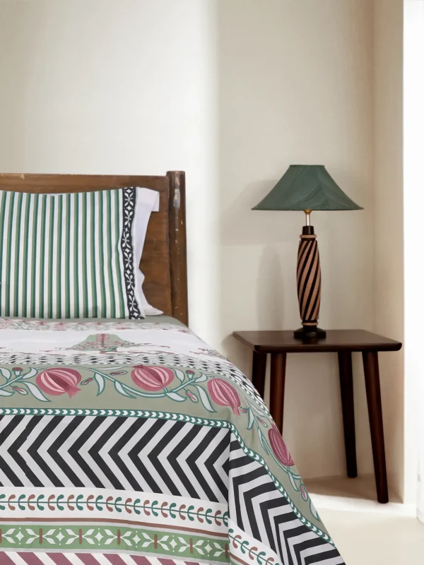 Sage Green Printed and Embroidered Cotton Bed Cover