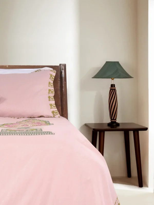 Peach Printed and Embroidered Cotton Bed Cover